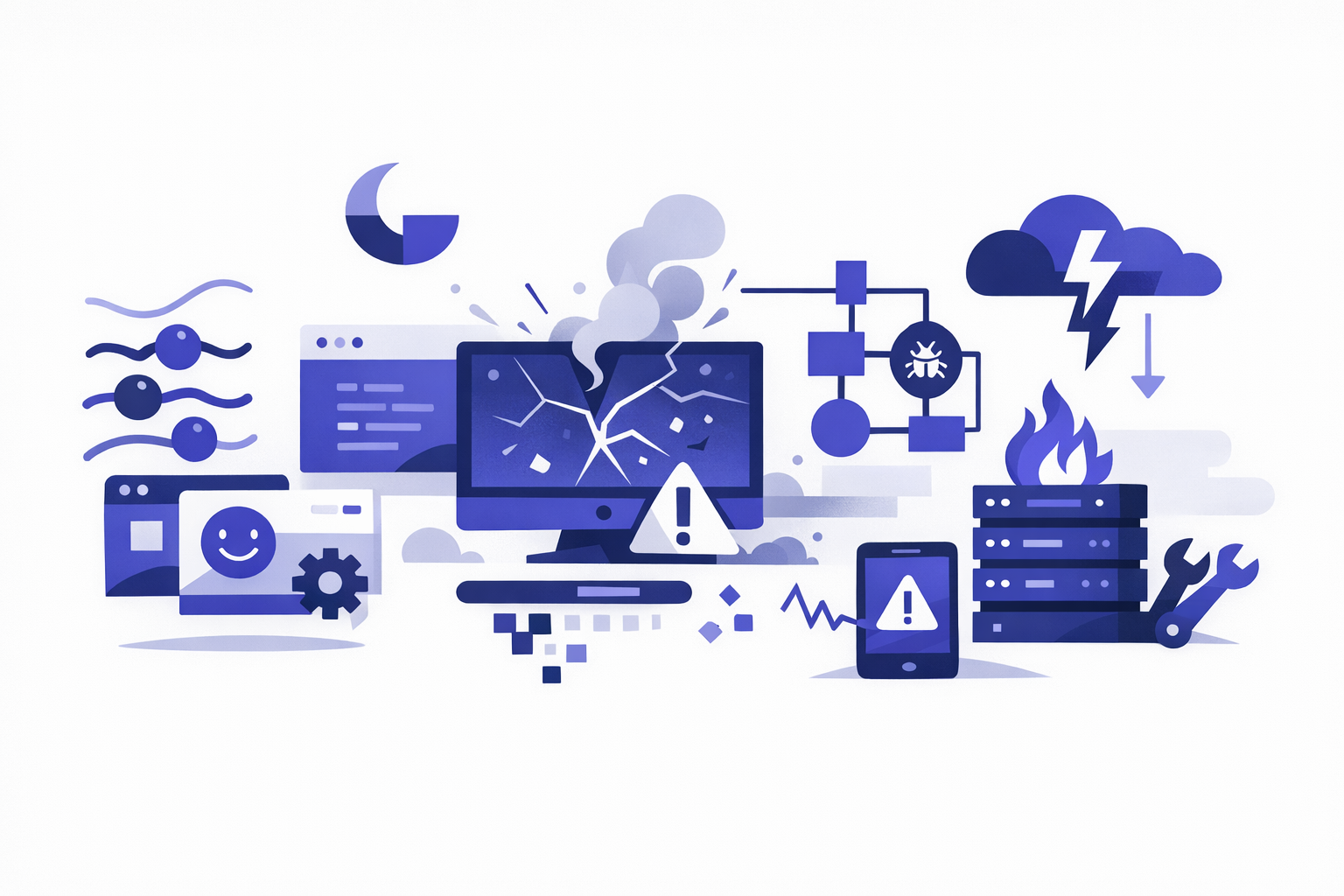 Diagram of vibe coding problems production teams find when moving an AI-built app to real users