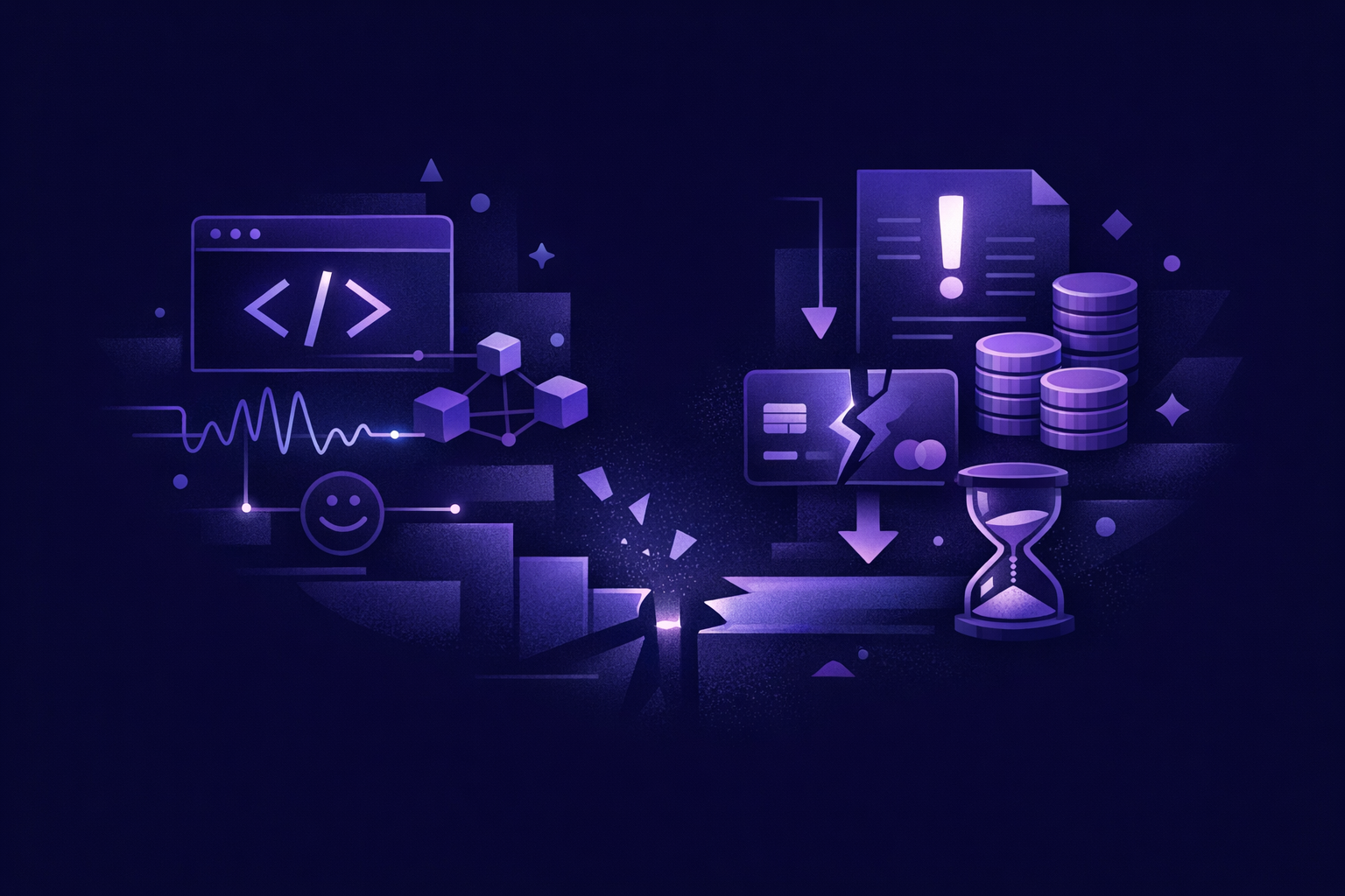 Vibe coding technical debt shown as prototype screens connected to fragile backend systems