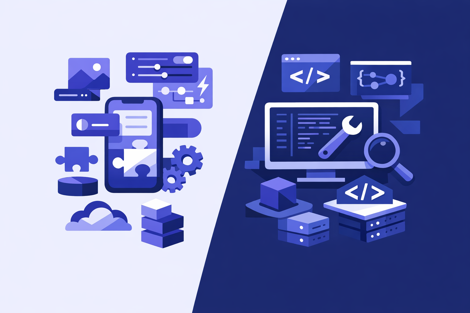 Bubble vs custom development comparison showing no-code prototype and custom app paths
