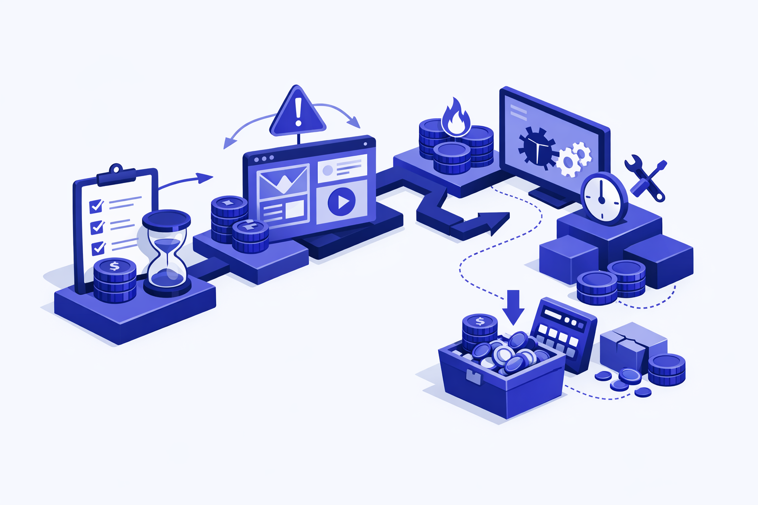 MVP cost overrun checklist showing scope, payments, database, and deployment risks