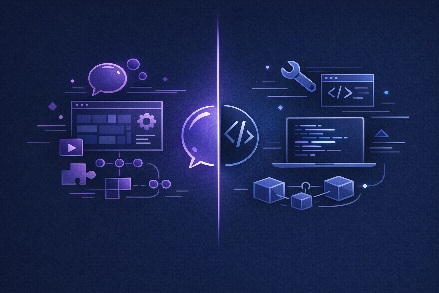 Bubble vs custom development comparison showing no-code prototype and custom app paths