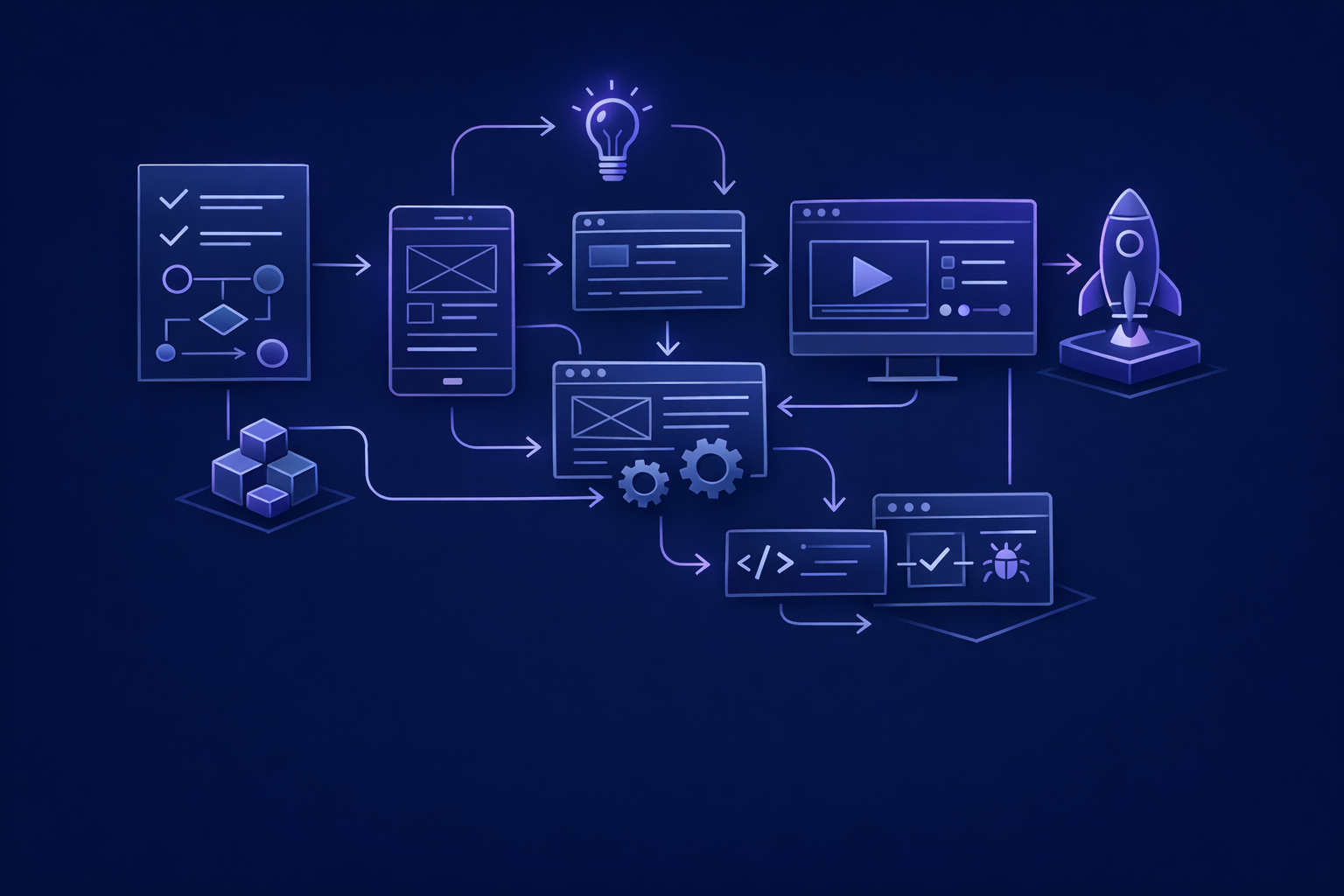 Developer reviewing an mvp spec checklist beside app screens and database fields
